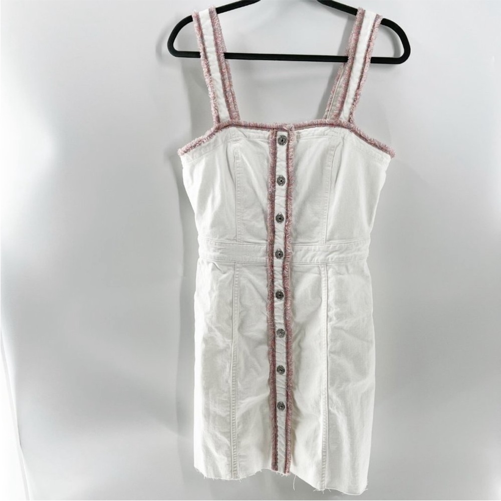 7 For All Mankind White Denim Button Down Light Fringe Trim Mini Dress Size S - Picture 2 of 9